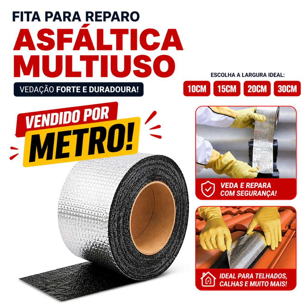 Fita Aluminio Vedação Manta Asfáltica Vazamentos Veda Tudo Trincas Laje Telhado Telhas 10cm, 15cm, 20cm e 30cm