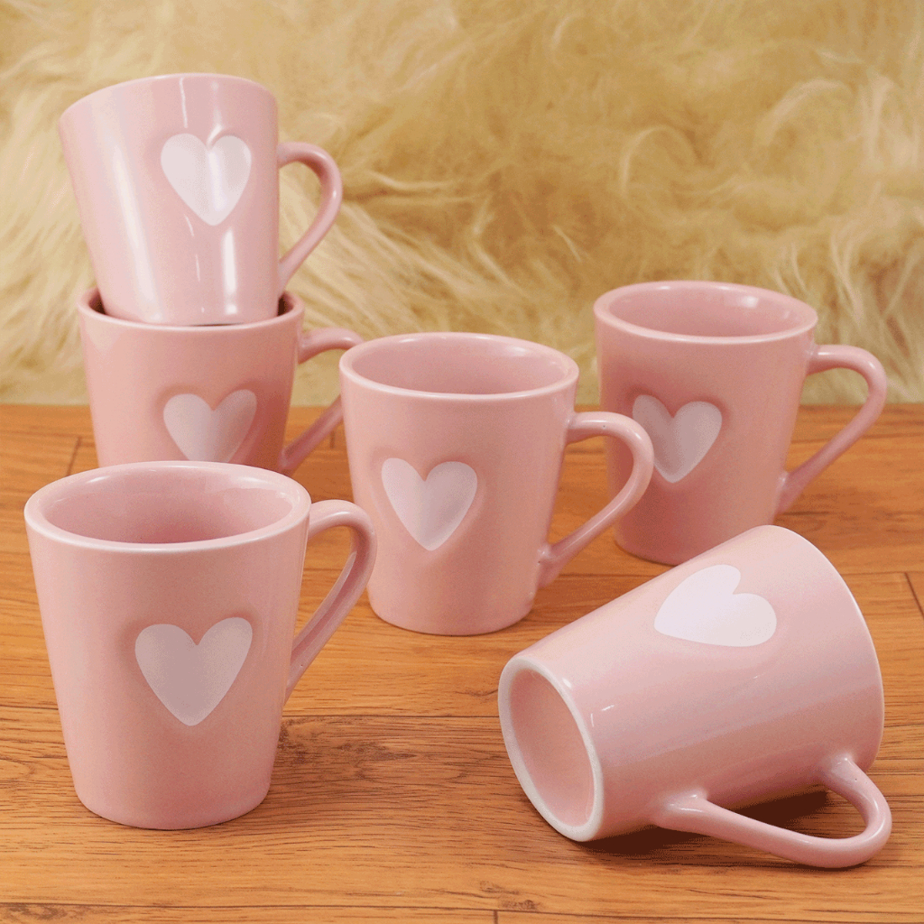Kit 6 Xicaras Canecas Chá Café Porcelana 120 ml Rosa Coração Relevo Branco