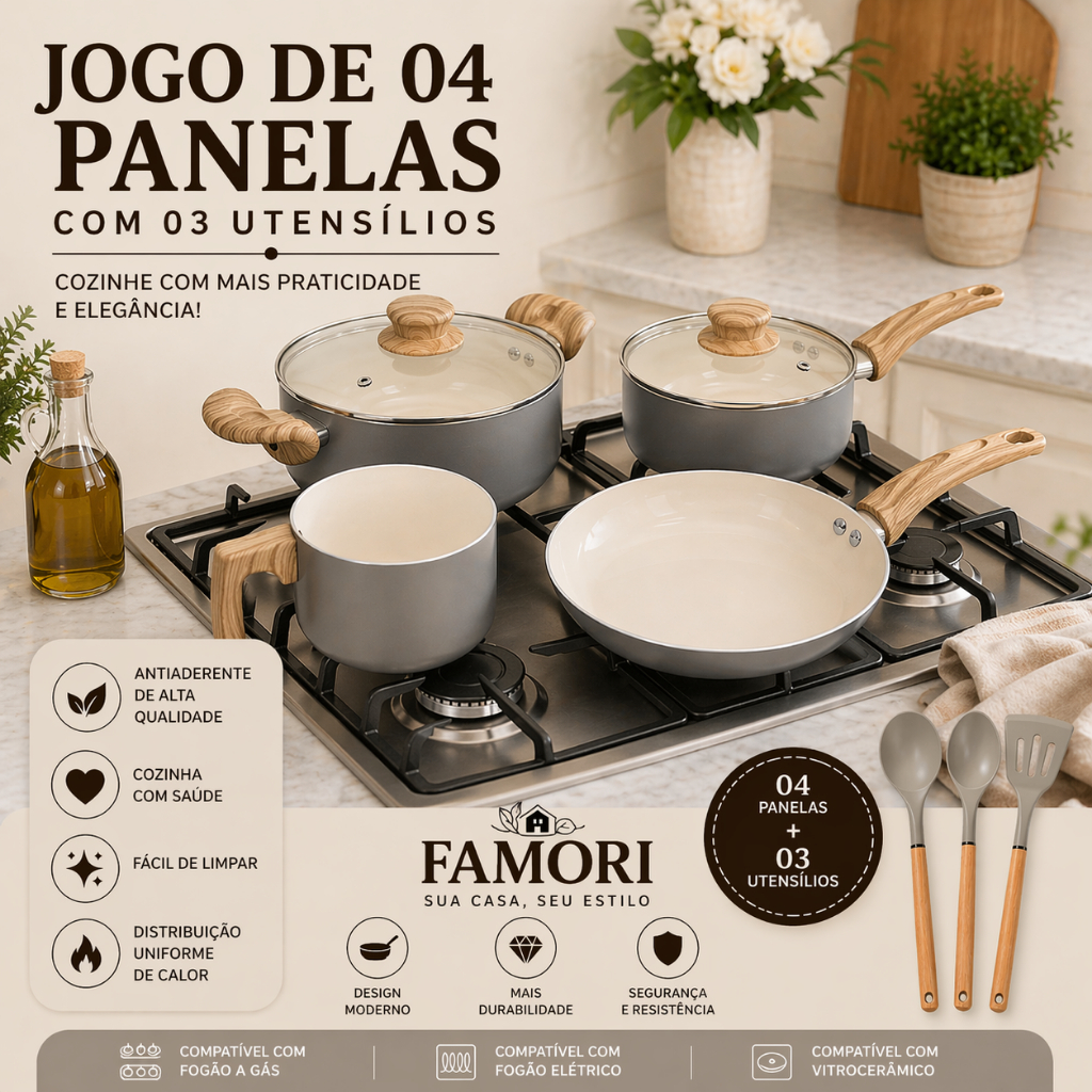 Kit Jogo Conjunto de 04 Panelas e 03 Utensílios de Cozinha - Panelas para todos os fogões