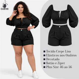 Conjunto Short e Blusa Feminino Plus Size Soltinho Manga Longa Elegante