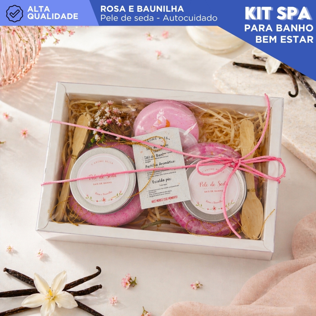 Kit Spa Banho Completo Sais De Banho Aromáticos Rosas e Baunilha Escalda Pés Relaxante Aromaterapia