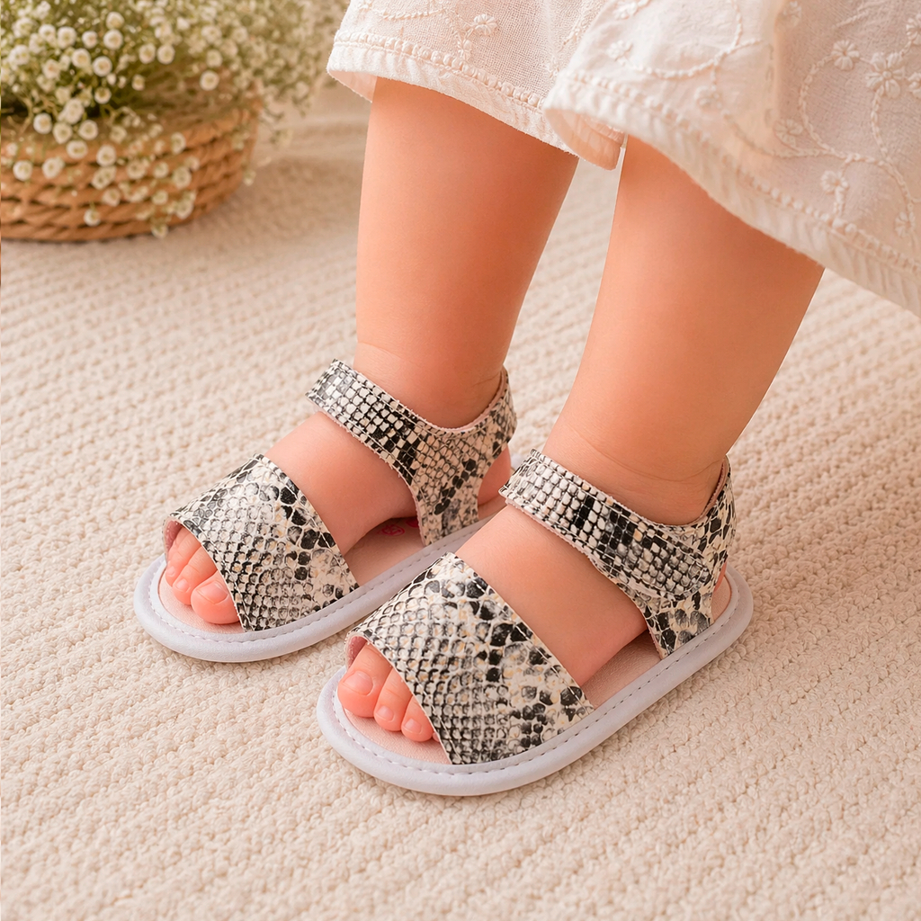 Sandália Bebê RN Infantil  Menina Papete Animal Print Cobra Rosa - Estilosa Confortável