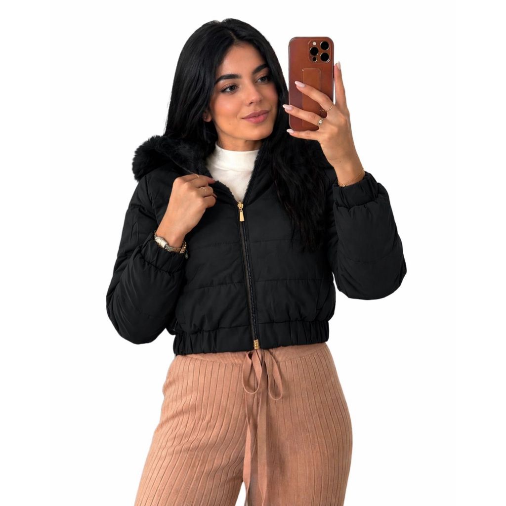 Jaqueta Puffer Feminina Cropped Nylon com Capuz Peluciado Tendência Inverno
