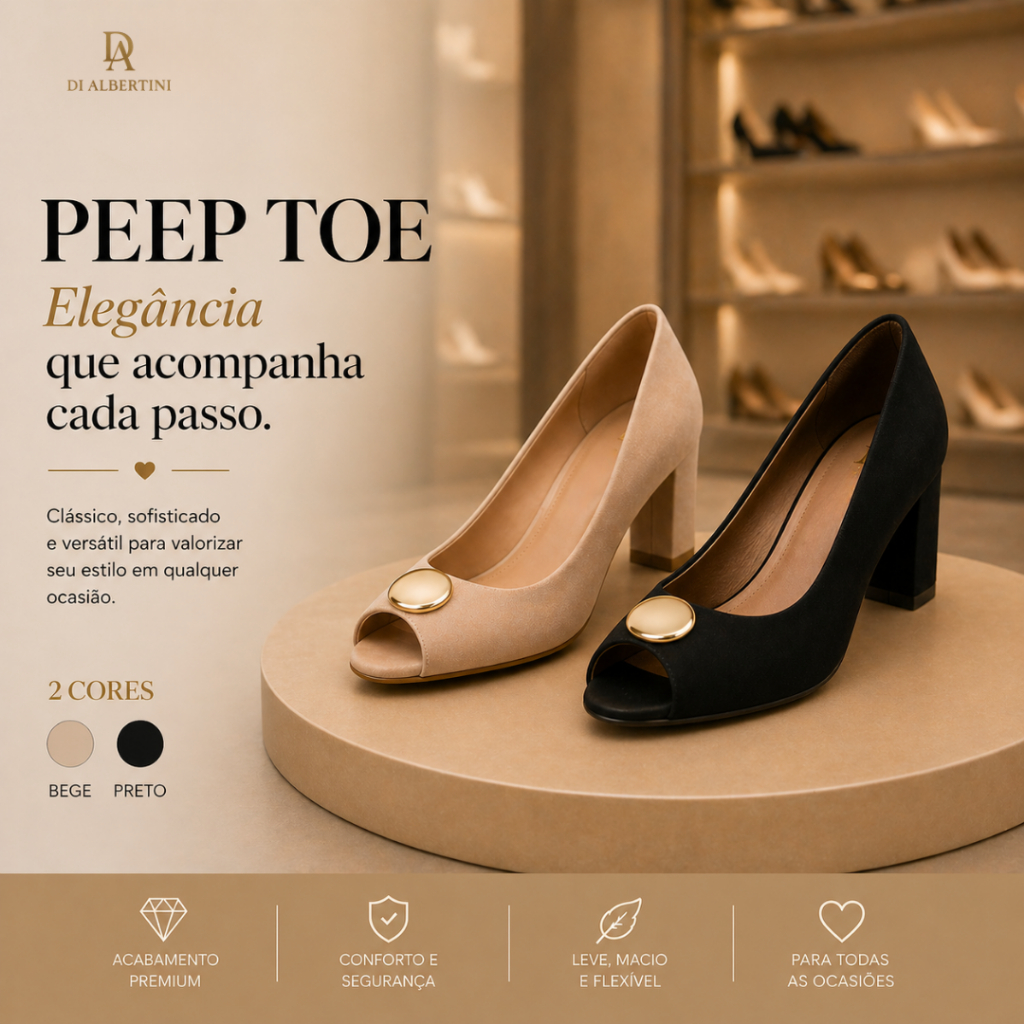 Peep Toe Feminino Di Albertini – Salto Bloco Confortável, Detalhe Dourado, Clássico e Elegante