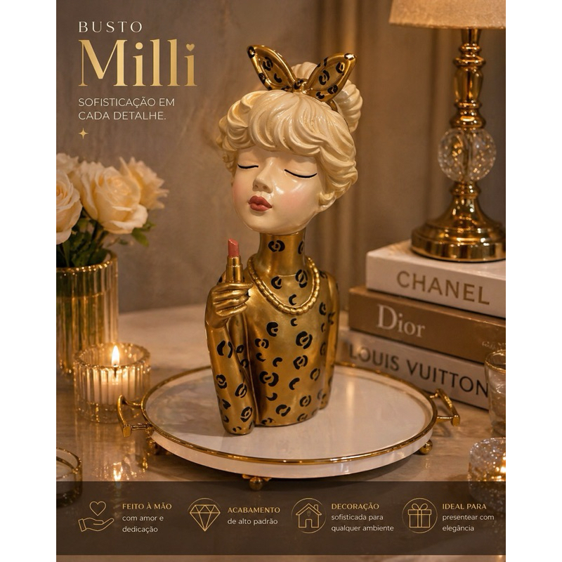 Estatueta Milli Make de Oncinha: Busto Decorativo para uma Decoração Sofisticada e Cheia de Estilo.