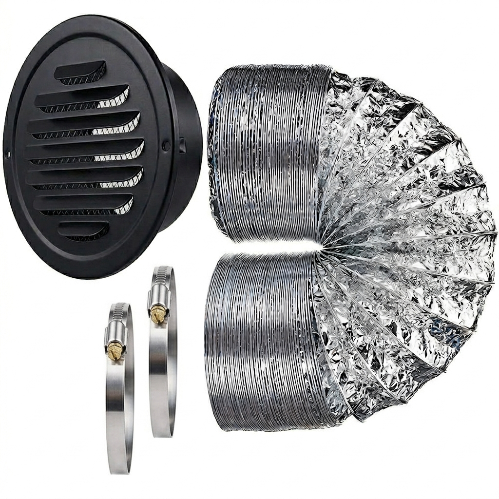 Imagem Veneziana Grade 120mm 125mm 127mm em Aço Inox com Tubo Duto Para Saída Ar Exaustor Depurador Trailer Motor Home