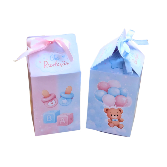 Kit Caixas Milk Personalizadas Chá Revelação Ursinho e balões azul e rosa