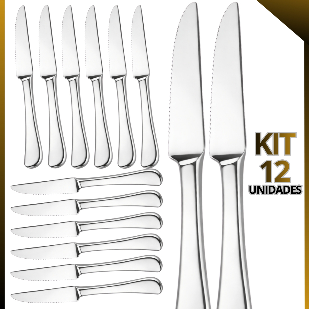 Kit 12 Facas de Refeição Aço Inox Premium – Facas Resistentes para Mesa, Cozinha e Restaurante