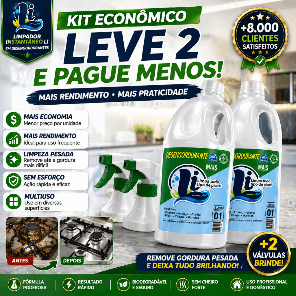 Kit 2 Desengordurantes 2x1L Remove Gordura Pesada Cozinha Fogão Azulejo Limpeza Pesada + 2 Bicos Spray