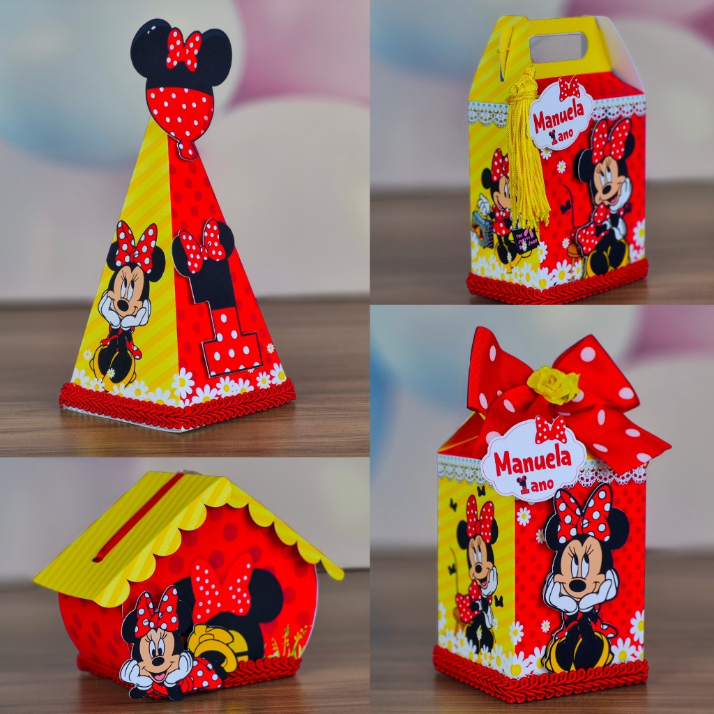 Lembrancinha Minnie Vermelha ou Rosa Personalizados Aniversário Infantil Kit Caixinha Minnie Festa