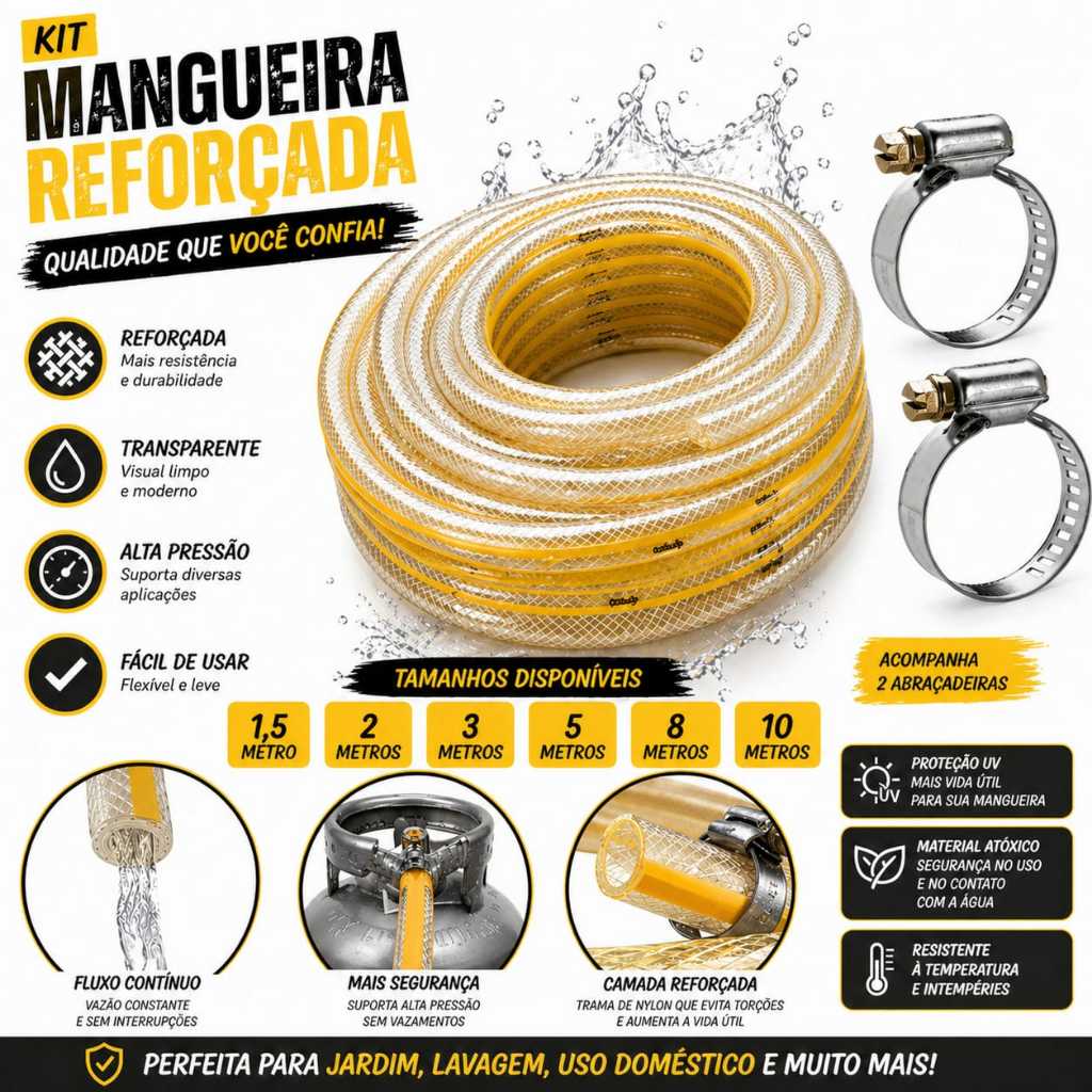 Mangueira De Gás Universal Multiuso 3/8 Parede Reforçada Alta Pressão Flexível Não Dobra 1,5m a 10m com Alta Resistência