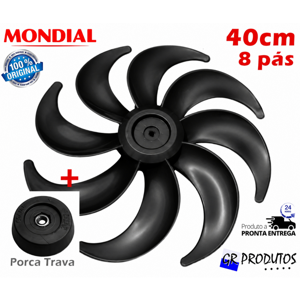 Hélice Mondial + Trava Ventilador 40cm  8 Pás EIXO Redondo 8mm PRETO