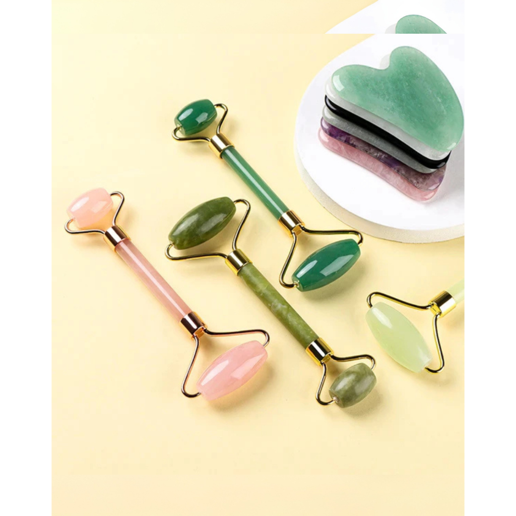 Kit Rolo de Jade + Pedra Gua Sha - Massagem Facial, Lifting Natural e Relaxamento
