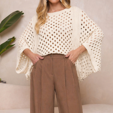 Blusa Poncho Feminino Tricot Ponto Crochê Furos Capa Sobreposição