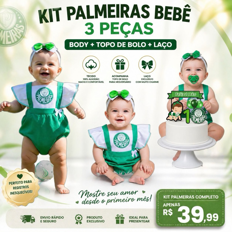 Kit Mesversário Bebê Menina Palmeiras Completo Romper + Topo de Bolo + Laço Roupa Time