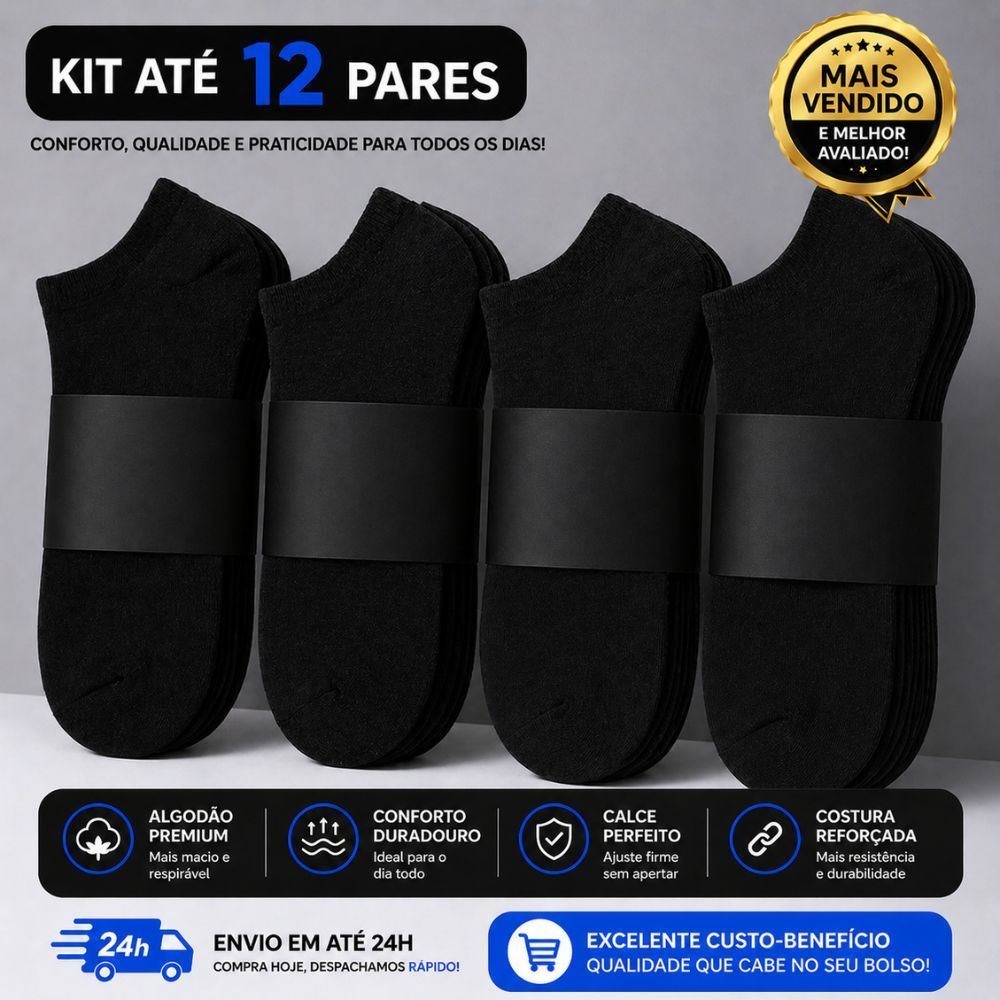 Kit 12 Pares de Meia Soquete Preta Unissex Masculino e Feminino Cano Curto Invisível 31 ao 46