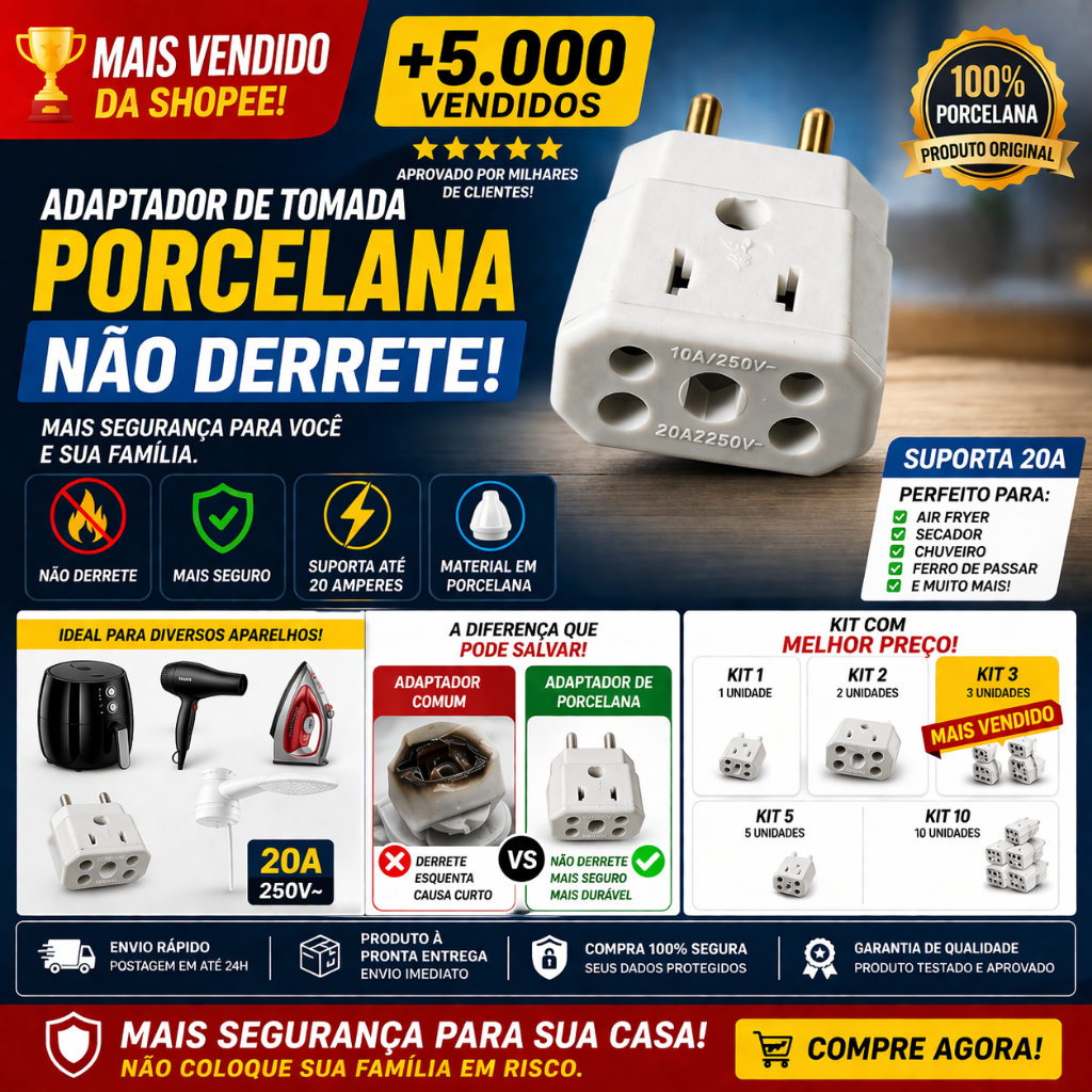 ADAPTADOR DE TOMADA BOB PORCELANA TIPO KIT/1, 2, 3,5 e 10 (Não Derrete)