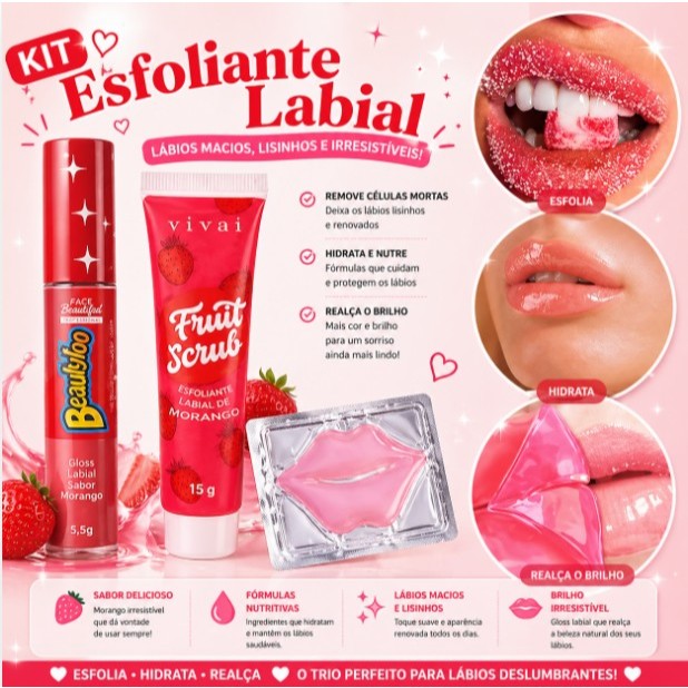 kit 3 esfoliante Gloss e Máscara labial hidratação boca, tratamento lábios secos