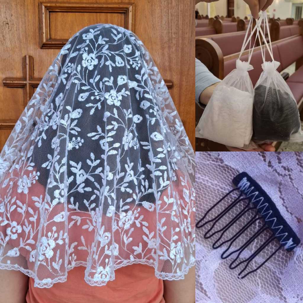 KIT- VÉU CATÓLICO BRANCO FLORIDO PARA MISSA + PENTE FIXADOR + PORTA VÉU