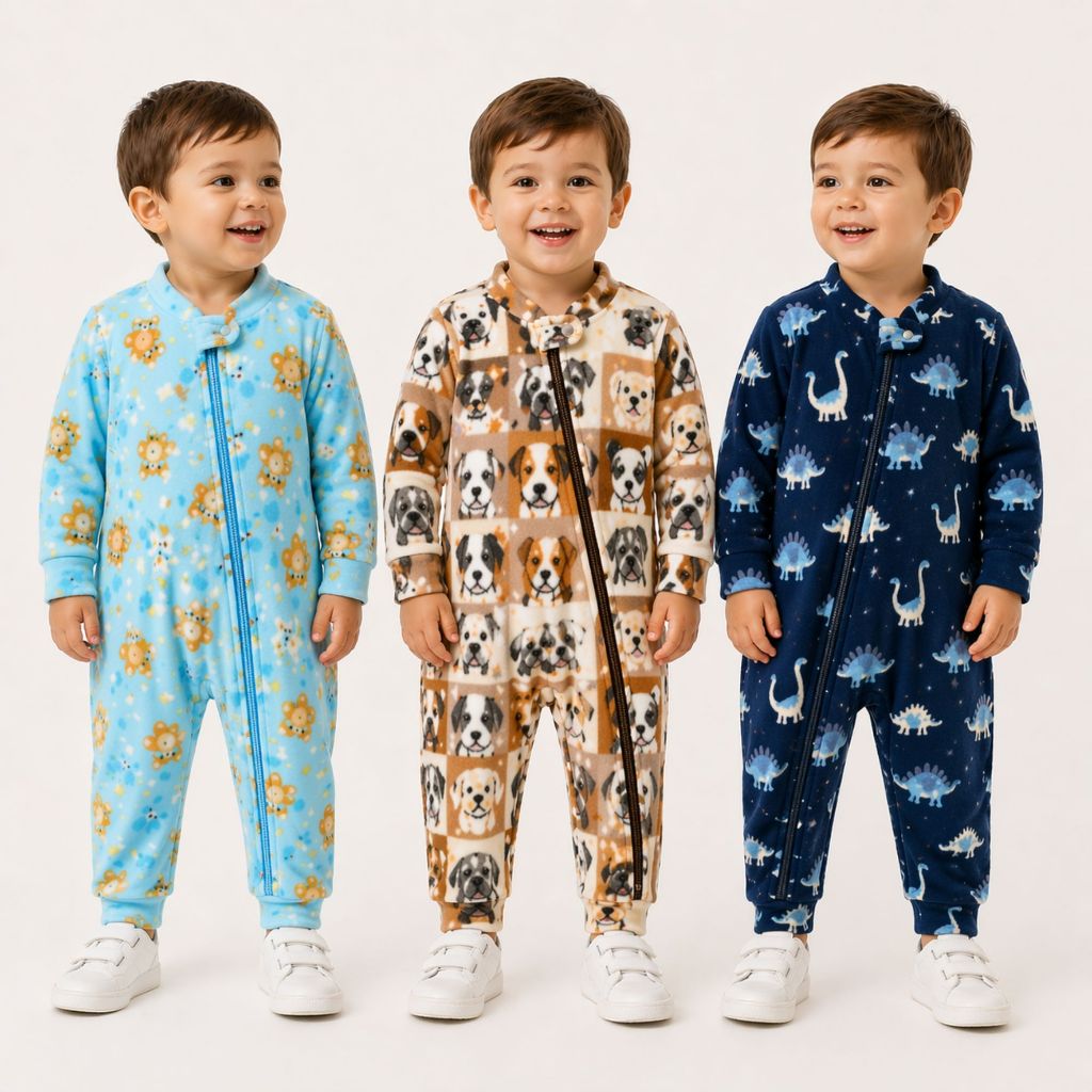 Kit 3 ou 5 Macacões Soft Infantil Masculino Inverno Estampas Sortidas com Zíper