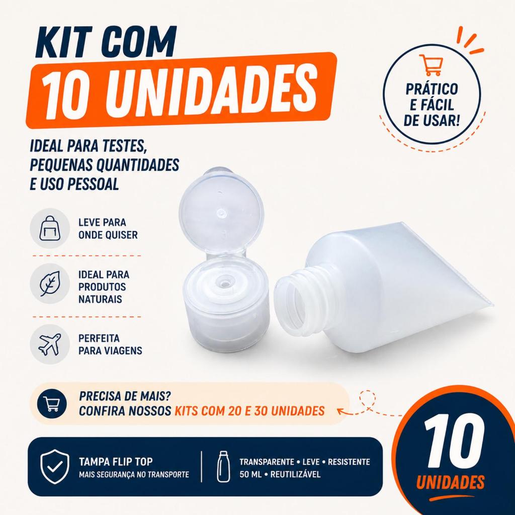 Kit 10 Bisnagas Plásticas Transparente 50 ml Tampa Flip Top Lembrancinhas, Henna e Produtos Naturais