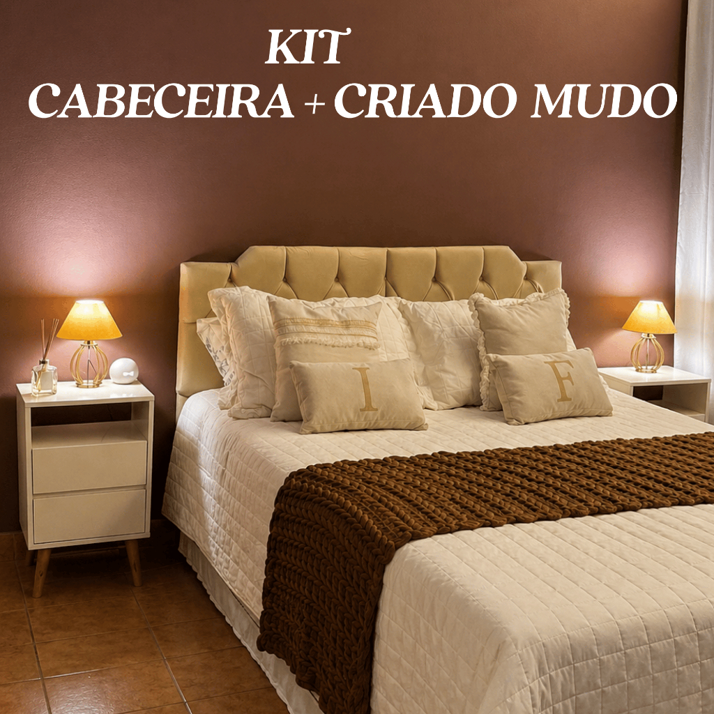 Conjunto Cabeceira Estofada Capitonê Suspensa Suede + 2 Mesas de Cabeceira Pés de Made em MDF/MDP Cama Box Casal e Queen