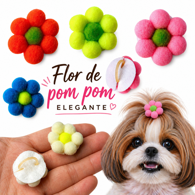 Florzinha Pet Pompom para Topete, Laço pet,  Lacinho Pet Florzinha PomPom, laço flor p/ penteado