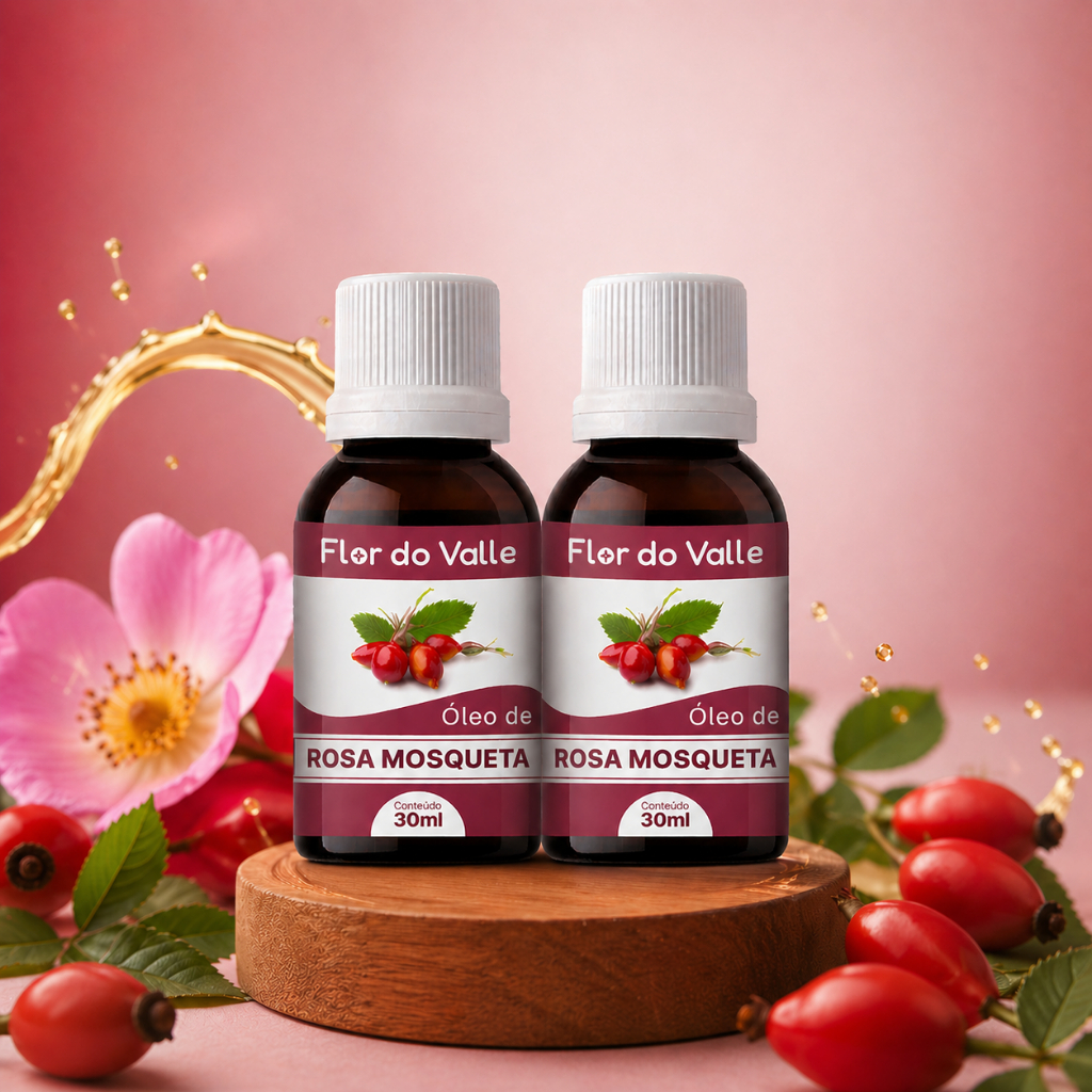Kit 2 Rosa Mosqueta Rubiginosa 30ml Óleo Vegetal Natural Pele com mais Brilho e sem Manchas Antissinais Flor do Valle