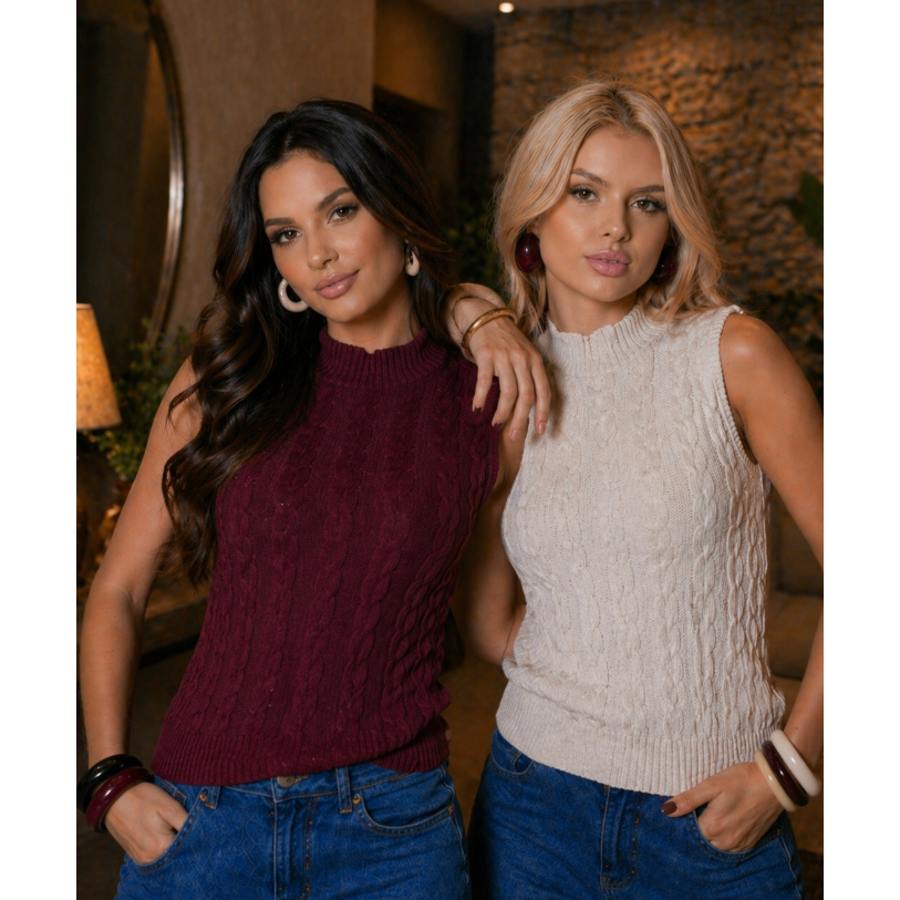Kit 2 Blusa Crooped Top de Tricot Feminino que Vira  Colete de  Tricô Lançamento