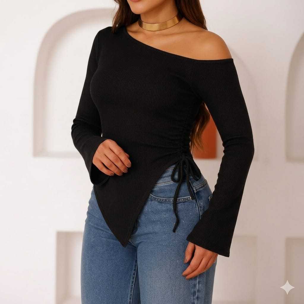 Blusa Feminina ombro Só Manga Longa Flare com Amarração Lateral Estilo Fashion Elegante