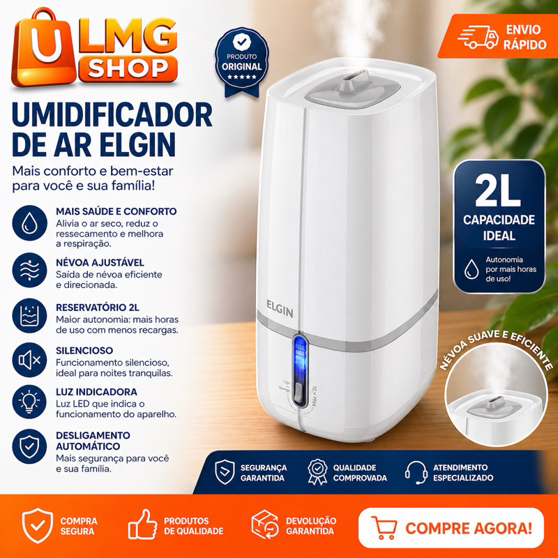 Umidificador de Ar Elgin Ultrassônico 2 Litros - Bivolt - Controle de Névoa - Silencioso - LMG SHOP