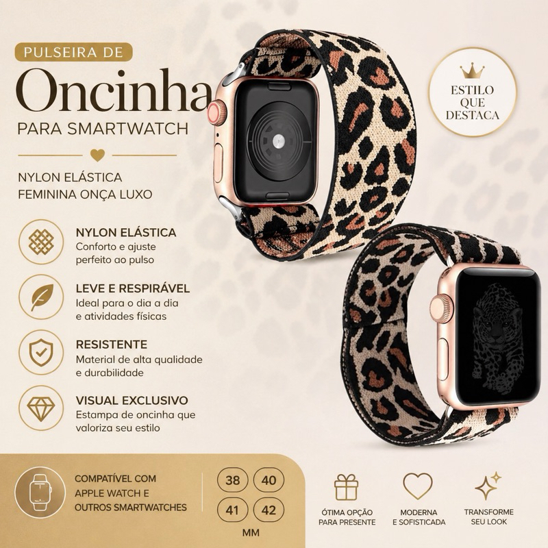 Pulseira de Oncinha Para Smartwatch Relógio Nylon Elástica Feminina Onça Luxo