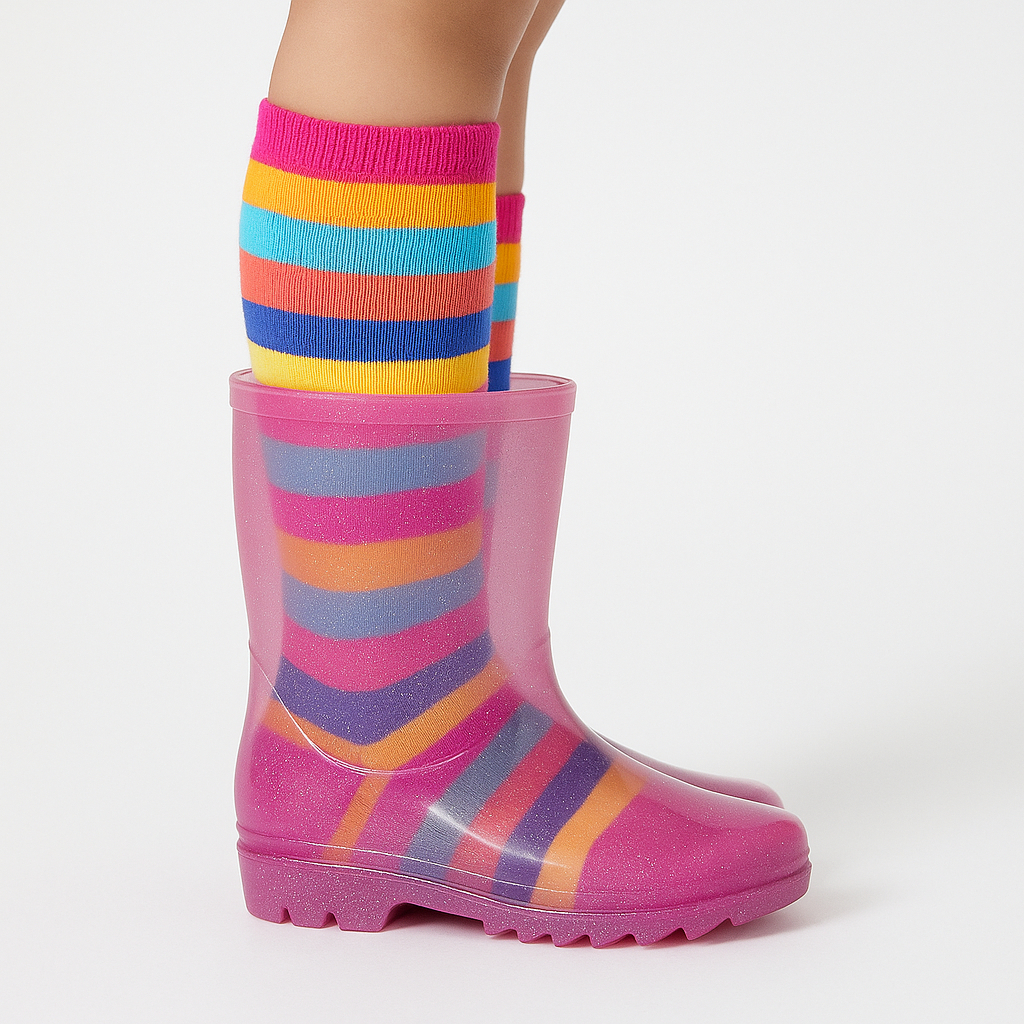 Combo Infantil Menina Bota Galocha Cano Alto Injetada e Confortável com Meia Galochita 3/4 Colorida