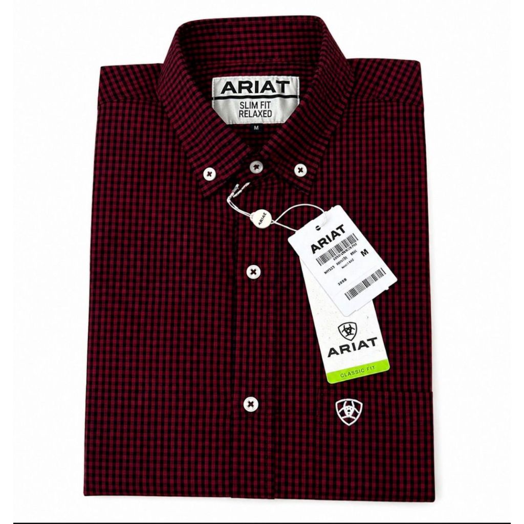 Camisa Country Masculina Xadrez Manga Curta ARIAT Vermelha Slim Fit Premium Estilo Cowboy Rodeio Confortável