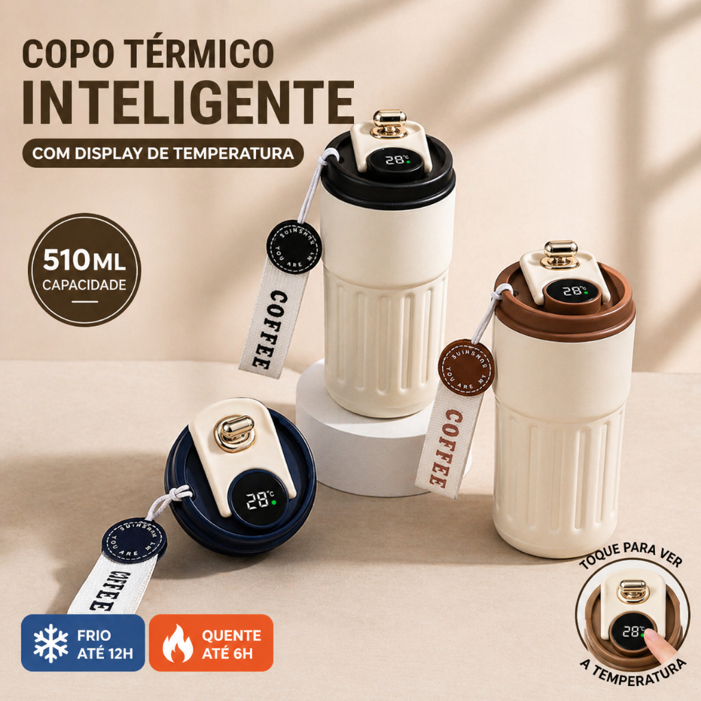 Copo Térmico Cafe 510ml Inox com Display Digital e Tampa com Trava Mantém Temperatura por Hora CP-19