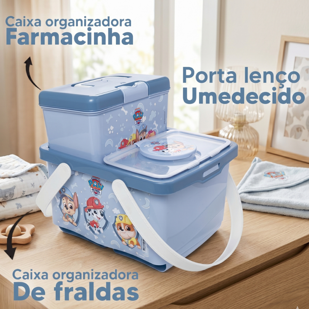 Kit Higiene Infantil Patrulha Canina Azul 3 Peças Bebê Enxoval Lenço Fralda Caixa Organizadora