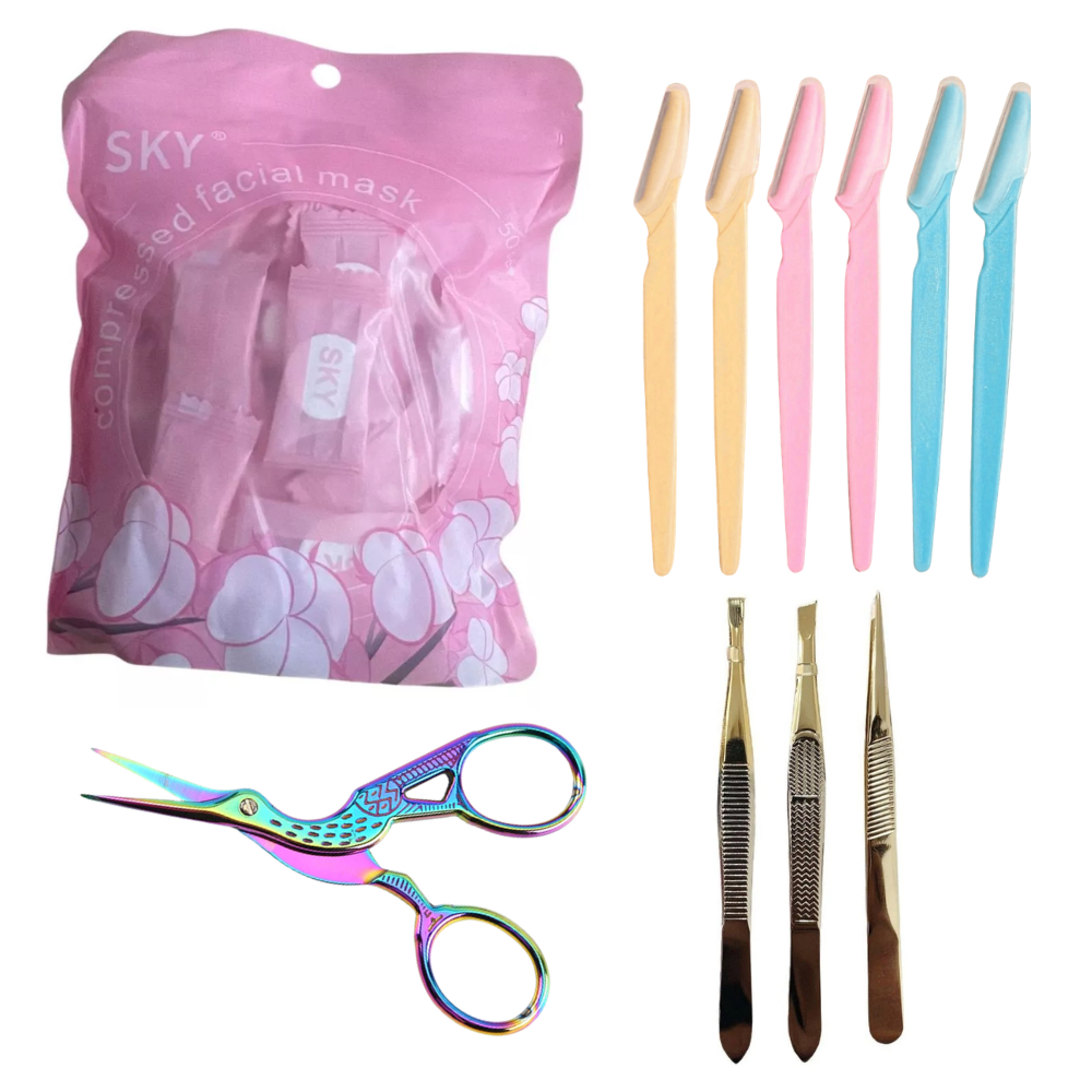 Kit Cuidados e Depilação Rotina Completa 50 Máscara Facial 3 Pinças Solingen Tesoura e 6 Navalhas