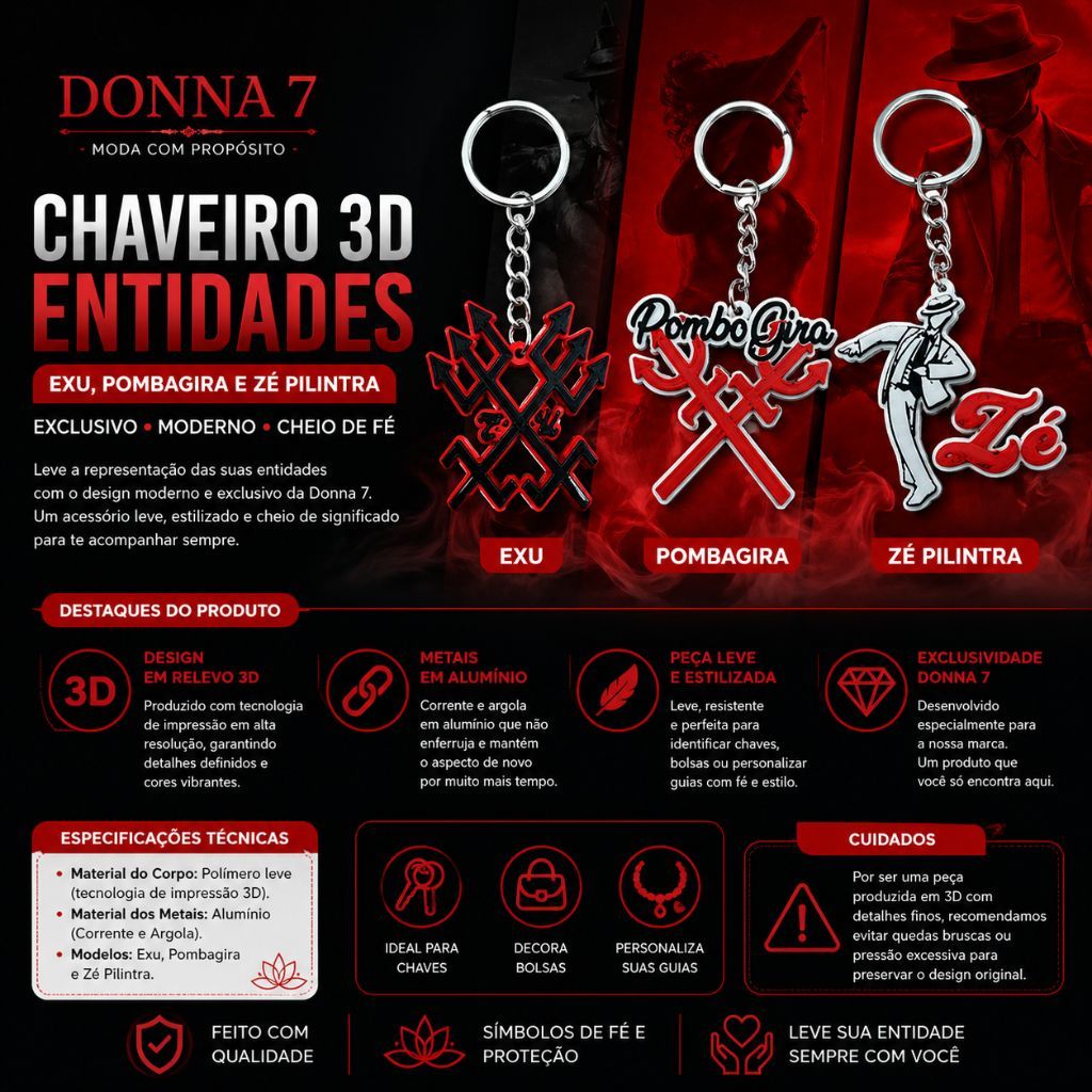 Chaveiro 3D Entidades Exu, Pombagira e Zé Pilintra
