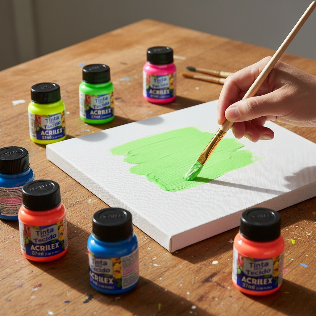 Kit 6 Core Tinta Para Tecido Fluorescente Neon Acrilex 37ml Azul Vermelho Maravilha Verde Ouro Limão