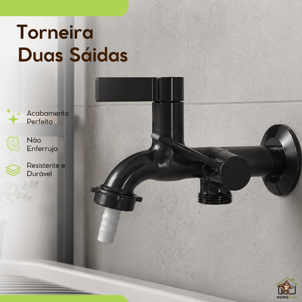 Torneira Jardim Lavanderia P/ Maquina de Lavar Tanquinho Duas Saídas Preta