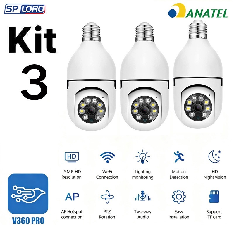 KIT Câmera De Segurança WIFI Lâmpada Sem Fio full HD IP 360°Com Microfone 8177
