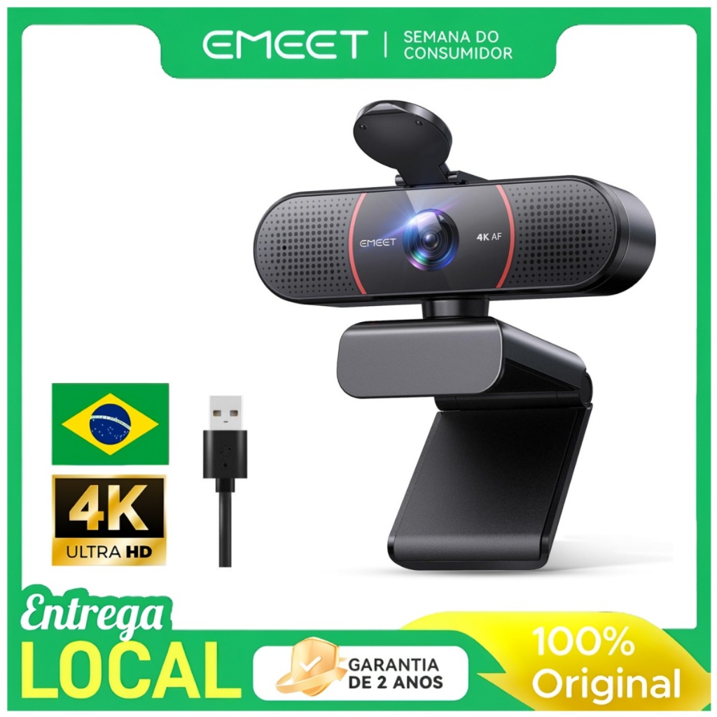 Webcam EMEET C960 4K Kit Streaming Live Autofoco Microfone Duplo 60fps PC Notebook Preto