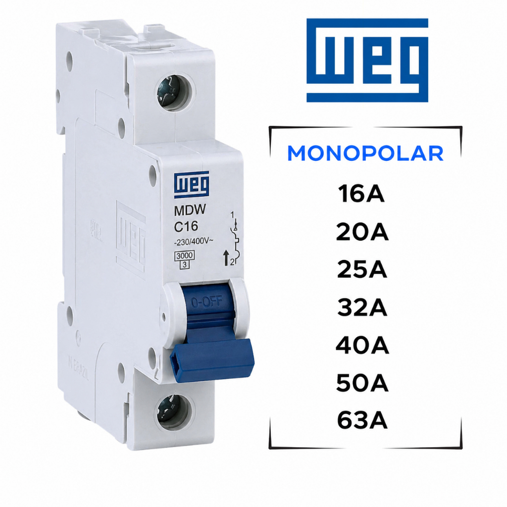 Disjuntor din Weg Monopolar Mdwp Curva C  16A, 20A, 25A, 32A, 40A, 50A e 63A