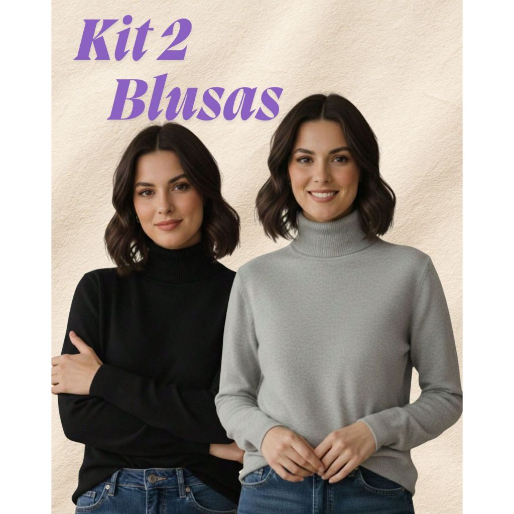 Kit 2 Blusas Cacharrel Feminina Tricot Canelada Suéter Gola Alta Manga Comprida Outono Inverno
