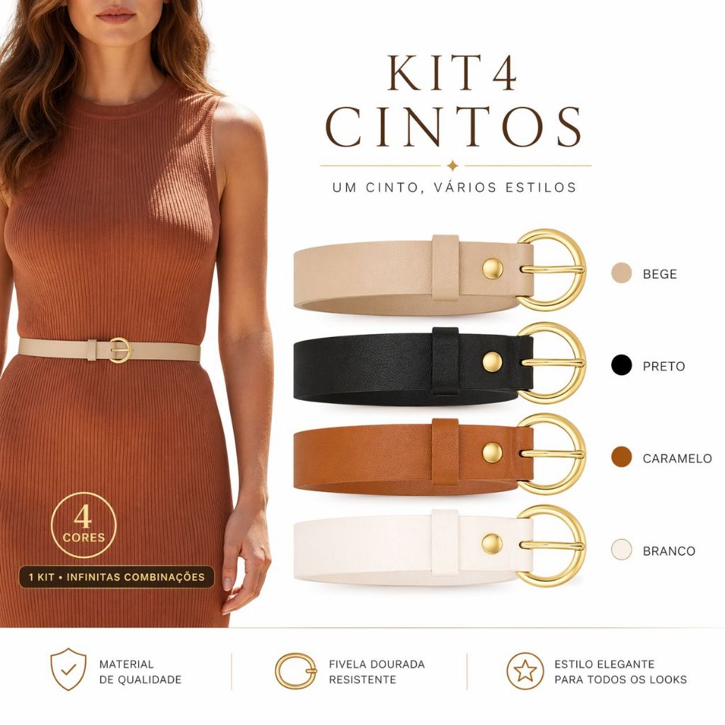 Kit 4 Cintos Femininos Fino da Moda Dourada Delicada - Bia