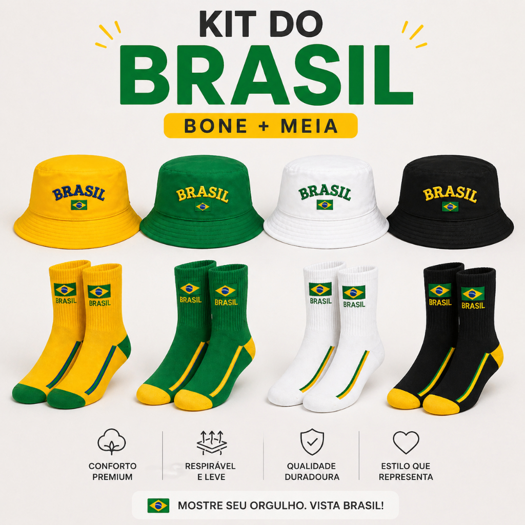 Kit Meia Cano longo + Chapéu Bucket Hat Unissex Brasil Copa do Mundo 2026 | Promoção| Envio Imediato