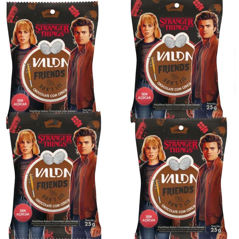 Kit C/4 Pastilhas Valda Stranger Things Friends Sachê Sabor Chocolate com Cereja 25g