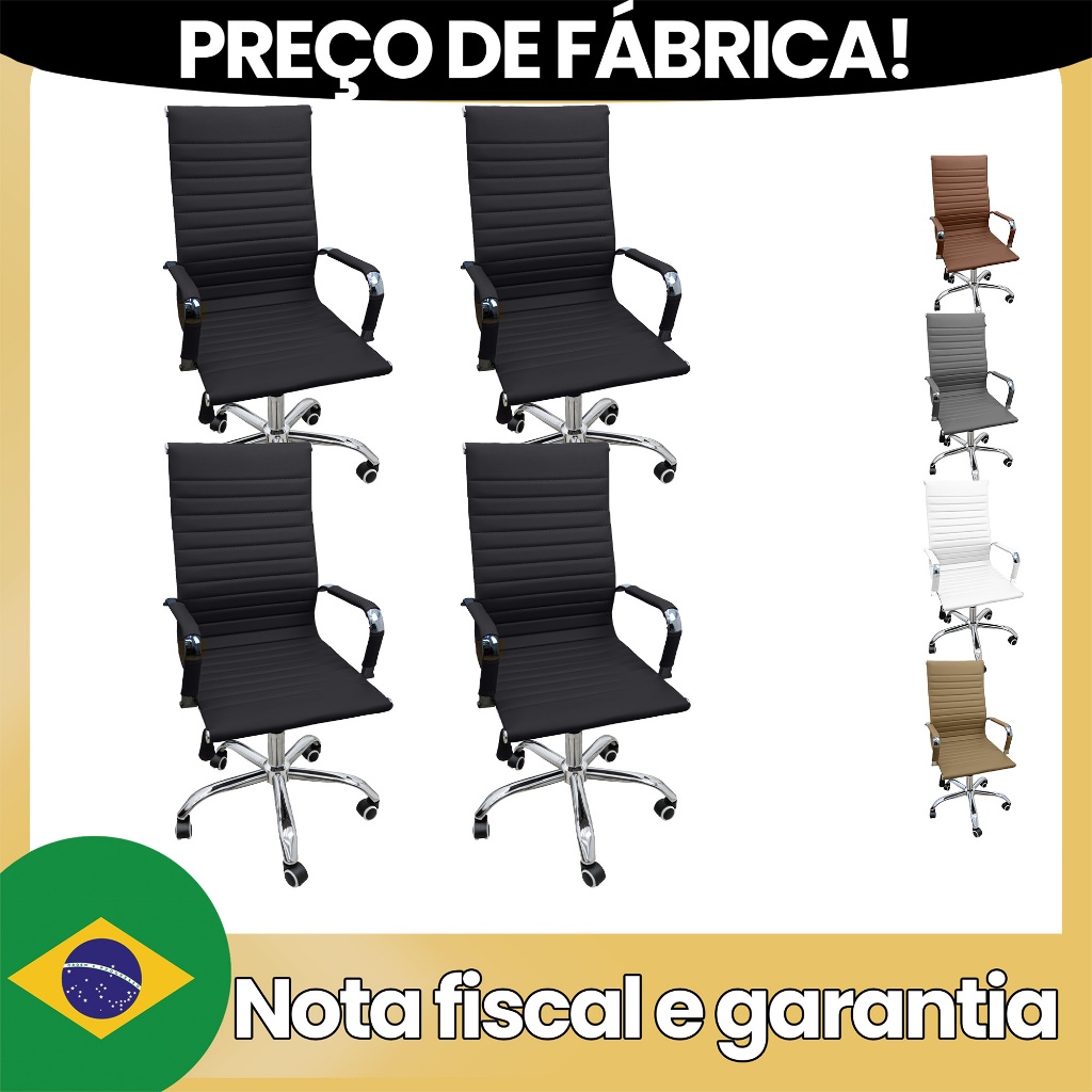 Kit 4 Cadeiras Eames Esteirinha Presidente Alta Estofada Couro