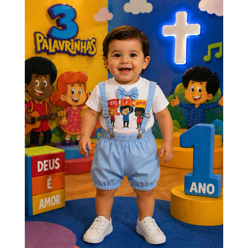 Fantasia conjunto 3 palavrinhas festa aniversário