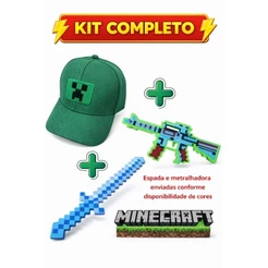 Kit Completo Minecraft: Boné + Espada + Boneco Sortido – Infantil